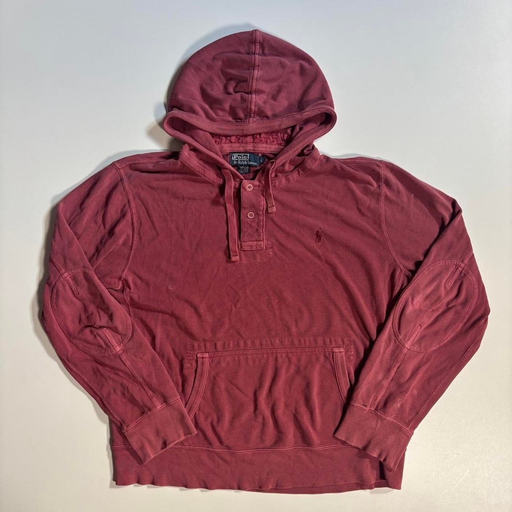 Vintage Red Polo Ralph Lauren Hooded Henley Pullover - Large